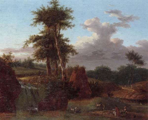 unknow artist A Wooded landscape with an artist sketching at the base of a waterfall,anmals drinking in a pool nearby Germany oil painting art